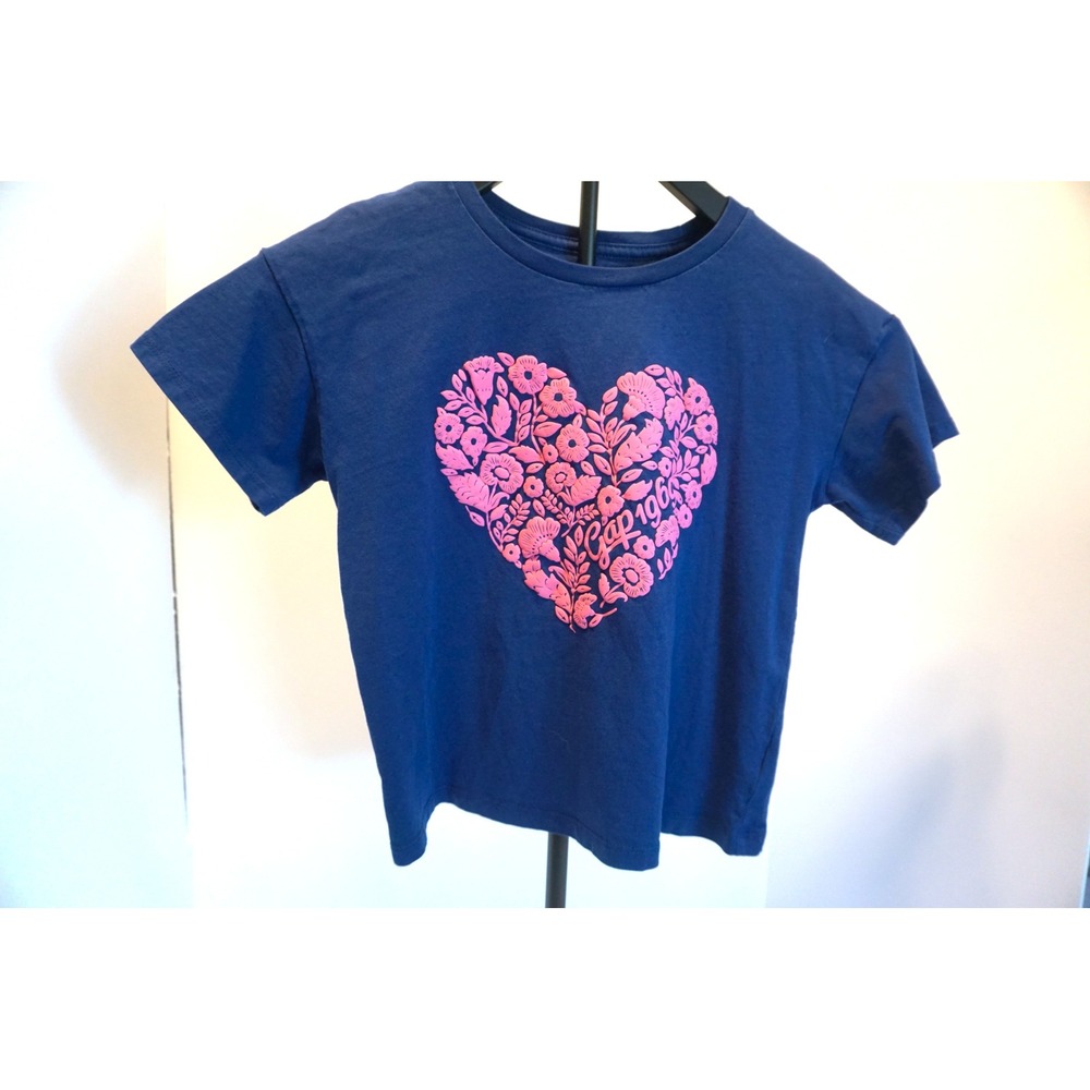 Gap Kids Girls Navy Blue Floral Heart Graphic T-Shirt Pink Puff Print L 10/12